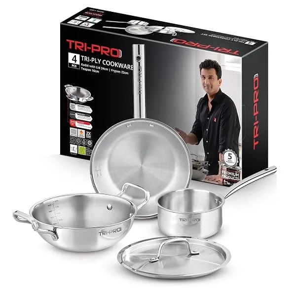 Bergner Tripro Triply Stainless Steel 4 Pc Cookware Set, 24 cm Indian Wok/Kadai with Lid, 22 cm Frypan, 16 cm Tea Pan, Even and Fast Heating, Induction Bottom, Gas Ready, Silver — Linkbiz SmartDeal's