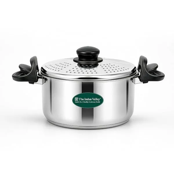 The Indus Valley Stainless Steel 2.5ltr Strainer Pot/Rice Pot for Noodles, Pasta, Corn, SOYA, Vegetables & Rice | Induction & Gas Friendly | 3-Layer Thick Bottom — Linkbiz SmartDeal's