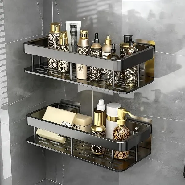 Misamo Enterprise Bathroom Shelf Organiser Without Drill, Black, Pack of 2 | No-Drill Installation, Rust-Resistant, Strong Adhesive, Fast Water Drainage, Space-Saving Bathroom Stor — Linkbiz SmartDeal's