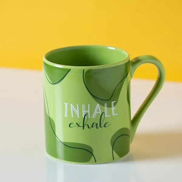 Clay Craft Fine Ceramic Pebble Series Coffee Mug 350ml Green – Inhale Exhale Print, Stylish Tea & Coffee Cup, Microwave & Dishwasher Safe, for Home, Office, Café, Gifting, Daily Us — Linkbiz SmartDeal's