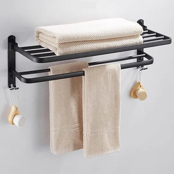 Sulfar Matte Black Bathroom Towel Bar Aluminum Free Punch Towel Rack Holder with Shelf Hooks (20inch, 50cm) — Linkbiz SmartDeal's