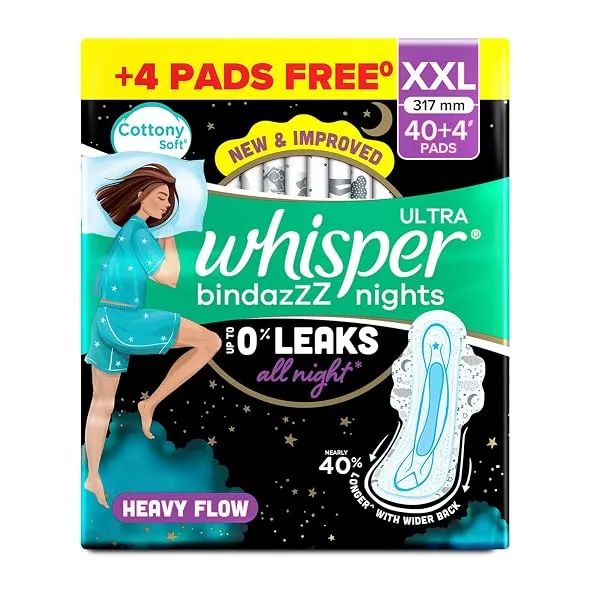 Whisper Bindazzz Nights 44 XXL Sanitary Pads, Upto 0% Leaks All Night Long, For Heavy Flow, Nearly 40% Longer with Wider Back, Active odor lock so you feel fresh, Disposable Wrappe — Linkbiz SmartDeal's