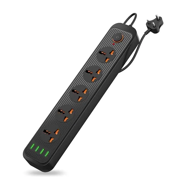 Portronics Power Plate 6 with 4 USB Port + 5 Power Sockets Extension Board, 2500W Power Converter, Cord Length 2Mtr (Black) — Linkbiz SmartDeal's