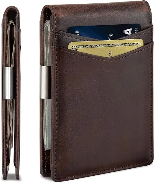Contacts Genuine Leather Money Clip Wallet Slim Front Pocket RFID Blocking Card Holder Minimalist Mini Bifold for Men's | Up to 11 Card Slots Including 1 ID Window & 1 Bill Compart — Linkbiz SmartDeal's