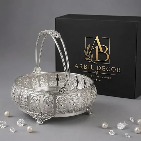 Arbil Decor German Silver Plated Flower Basket with Decorative Handle, 6 Inch Round Pooja Basket for Flowers & Prasad, Decorative Silver Basket for Gift Hamper, Dry Fruit Serving, — Linkbiz SmartDeal's
