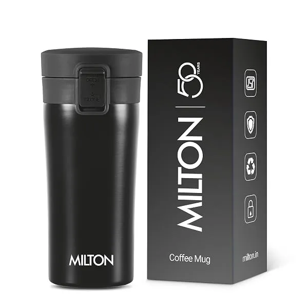 MILTON Thermosteel Vacuum Insulated Travel Coffee Mug, 300ml, Black, Prolonged Hours Hot & Cold, ISI Certified, Spill Proof & Easy to Sip, Leakproof & Rustproof, On The Go Coffee C — Linkbiz SmartDeal's