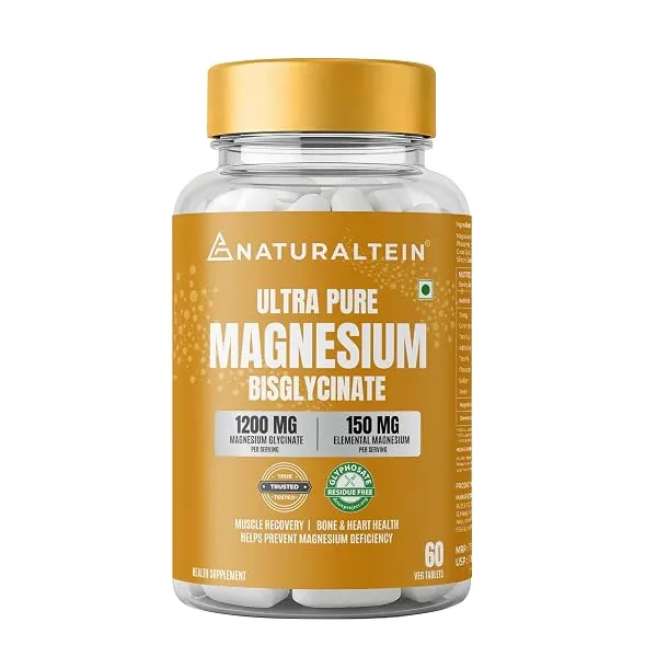 Naturaltein Magnesium Glycinate 1200mg (150mg Elemental), 60 Tablets | Chelated High Absorption, Supports Sleep Quality & Muscle Relaxation, Glyphosate Tested — Linkbiz SmartDeal's