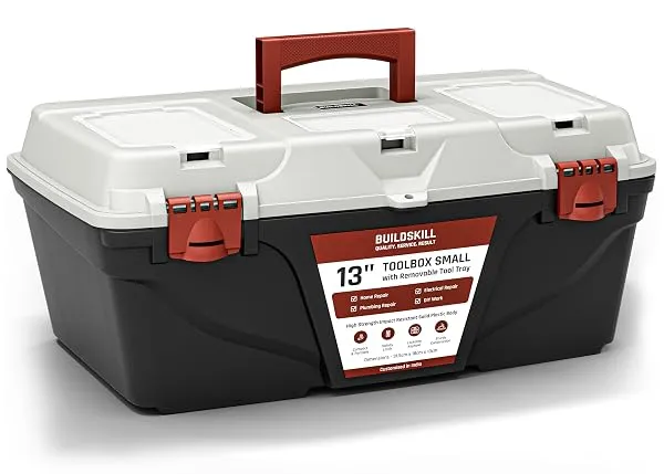 BUILDSKILL 13" Small Tool Box for Home | Convenient Top Lids & Removable Tool Tray | Secure Latch Lock | Key Hole | Heavy Duty Impact Resistant Body | Ideal Repair Toolbox for DIY — Linkbiz SmartDeal's