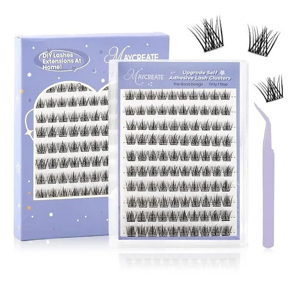 MAYCREATE® 100Pcs Self Adhesive Eyelashes, Self Adhesive Eyelash Clusters, Lash Cluster Press On Lashes Stick Cluster Lashes Pre Glued Eyelash Clusters with Tweezer No Glue Needed, — Linkbiz SmartDeal's