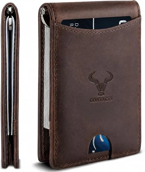 Contacts Genuine Leather Money Clip Wallet Slim Front Pocket RFID Blocking Card Holder Minimalist Mini Bifold for Men's with Smart Pull Strap 8 Card Slots Photo ID (Brown) — Linkbiz SmartDeal's