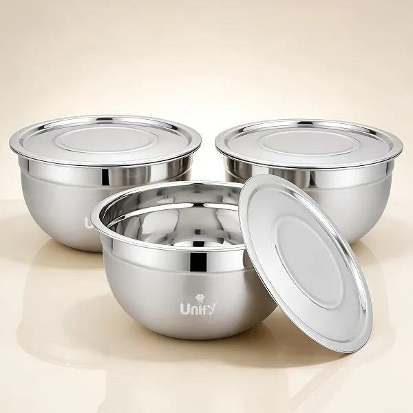 Unify 3 Pieces Stainless Steel Serving Bowl Set with Lid | Mixing Big Bowls | Matt Finish, Kitchen Prep, Salad, Fruit, Desert & Storage Containers | Bowl Set for Kitchen & Dining U — Linkbiz SmartDeal's
