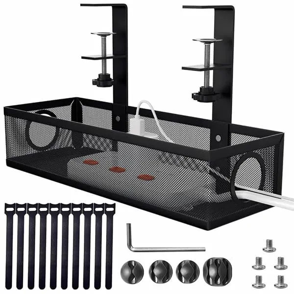 Dyazo Under Desk Cable Management Tray | No-Drill Metal Mesh Rack with Clamp Mount | Wire Organizer Holder for Power Strips & Network Cables | Includes Zip Ties & Cable Clips for H — Linkbiz SmartDeal's