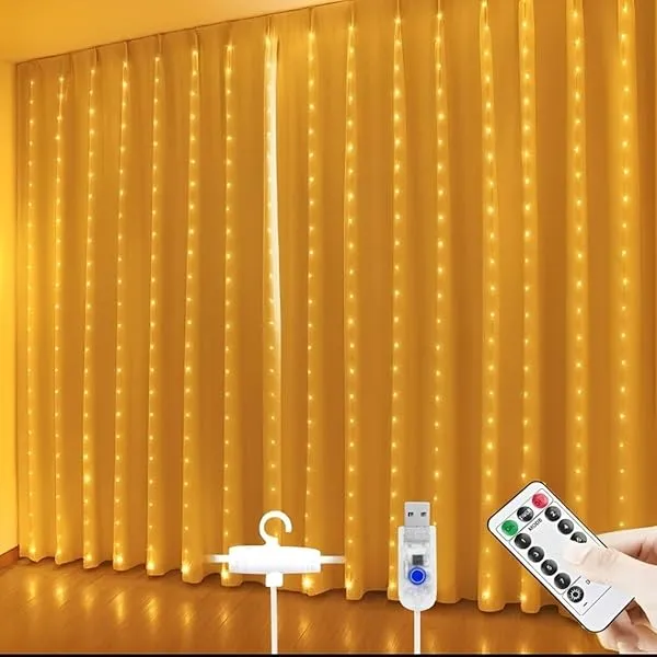 One94store Plastic Fairy Curtain String Lights for Wall Decoration, Warm White USB Powered 300 LED's, 8 Flashing Modes, Window Backdrop Lights for Bedroom, Party, Diwali, Christmas — Linkbiz SmartDeal's
