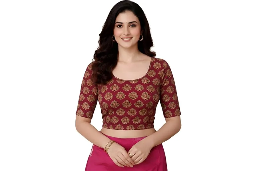 Amazon Brand - Anarva Women's Kalamkari Print Cotton Stretchable Round Neck Readymade Saree Blo — Linkbiz SmartDeal's