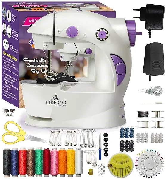 akiara - Makes life easy Mini Silai Machine for Home use | Tailor Machine | Stitching Machine with Sewing Kit Thread Scissors, Needle All in One Sewing Accessories (White & Purple) — Linkbiz SmartDeal's