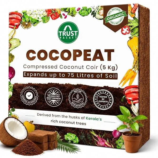TrustBasket Premium Cocopeat 5kg (Expands Upto 75 litres) | Kerala Coconut Husk | Superior Water Retention | Organic Coco Coir for Plants | Expandable Cocopeat Block Outdoor Garden — Linkbiz SmartDeal's