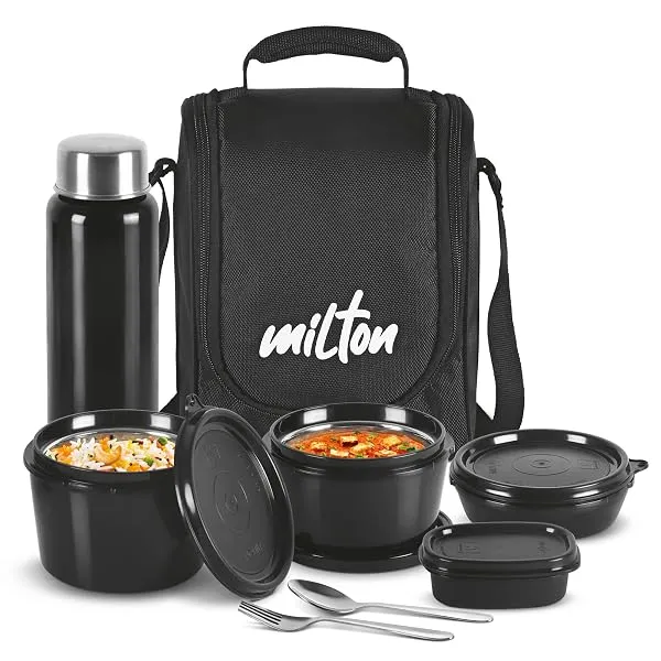 MILTON Pro Lunch Box with Steel Cutlery, 3 Microwave Safe Inner Steel Containers (180ml, 320ml, 450ml) Plastic Chutney Dabba 100ml, Bottle 750ml with Insulated Bag, Office Tiffin, — Linkbiz SmartDeal's