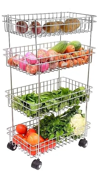 Privesh Stainless Steel Modern Kitchen Storage Rack, Folding Perforated Design Trolley for Spice, Fruits, Vegetable, Onion, Potato, Organizer Stand with Wheel, 4 Layer Trolley — Linkbiz SmartDeal's