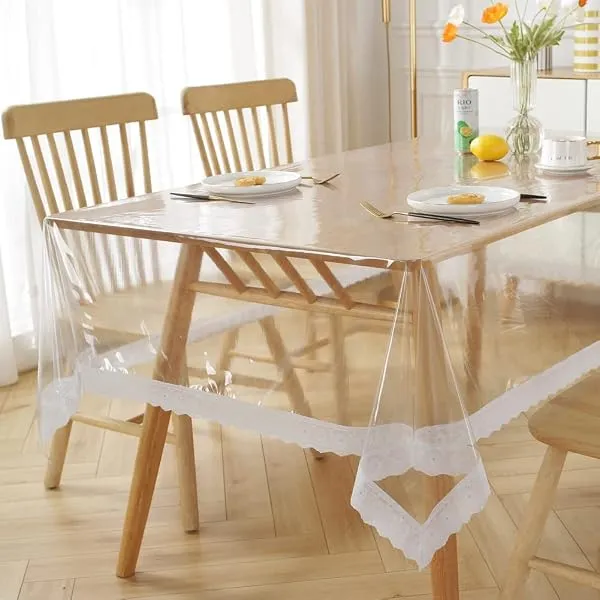 Homerz Premium High Thickness Transparent Table Cover with Lace, 15 mm Thick, Durable and Waterproof, 2 Years Guarantee (Silver Lace, 60x90 inch- 6-8 Seater) — Linkbiz SmartDeal's