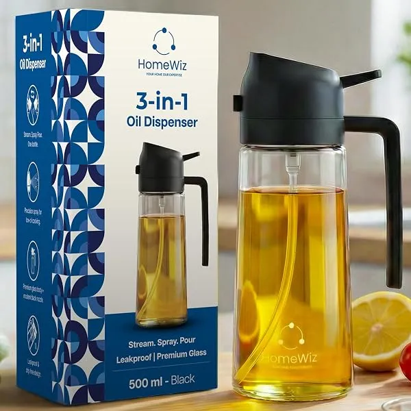 HomeWiz Oil Dispenser For Kitchen Glass Bottle 500 ml | 3-in-1 Mode Oil Sprayer, Cooking, Salad & BBQ | Stream, Spray & Pour Mist | Precision Refillable Bottle for Olive & Vinegar — Linkbiz SmartDeal's