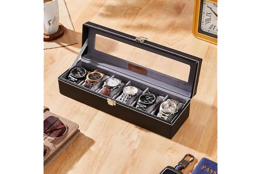 Amazon Basics Unisex Faux Leather Watch Organizer Box with 6 Slots |Watch Organizer with Transp — Linkbiz SmartDeal's