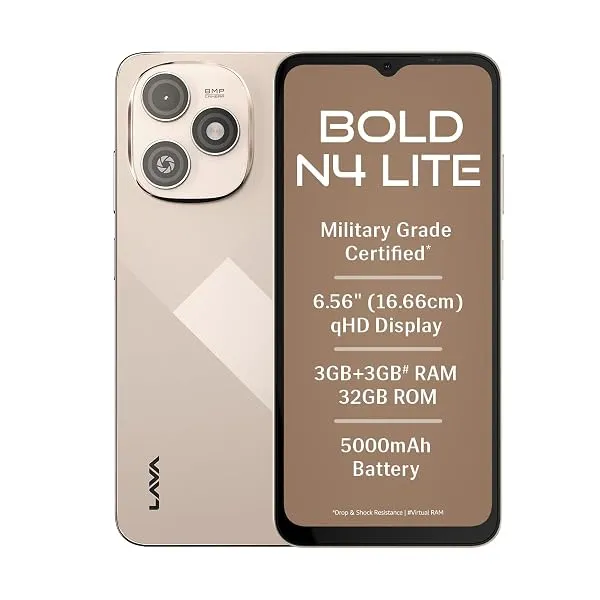 Lava Bold N4 Lite (Empire Gold, 3GB RAM, 32GB Storage) | 6.56" qHD Display | 8MP Rear Camera | 5000 mAh Battery | Free Service @ Home | Fingerprint Reader | Charger & Phone-Cover i — Linkbiz SmartDeal's
