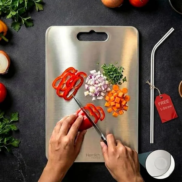 Herrlich Homes Rectangle Stainless Steel Chopping Board, M, 31x21cm | Steel Straw Included, Anti-Skid Silicon Pad, For Cutting Vegetables, Meat, Fish, Fruits — Linkbiz SmartDeal's