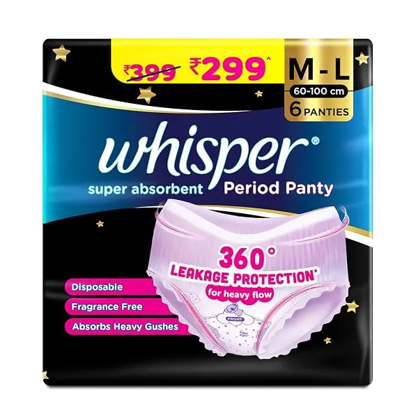 Whisper Super Absorbent Period Panty, 6 M-L Pants, 360 Degree Leakage Protection* for Heavy Flow, Panty like Fit, Full back Coverage, Absorbs Heavy Gushes, Silky Soft, Comfortable — Linkbiz SmartDeal's