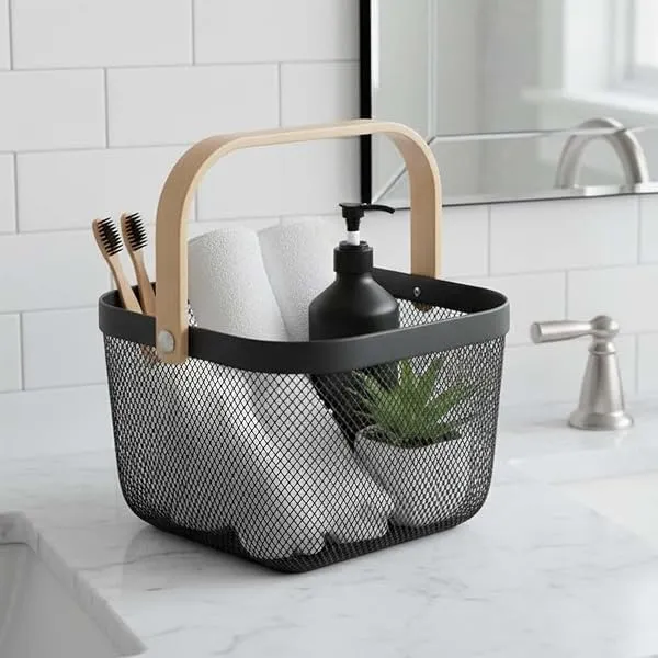Go Hooked Premium Metal Mesh Storage Basket with Wooden Handle 37cm| Multipurpose Organizer Basket for Home, Office, Bathroom & Living Room | Portable Wire Basket for Books, Snacks — Linkbiz SmartDeal's