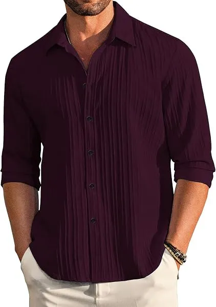 DEELMO Men's Casual Button Down Shirts Long Sleeve Linen Shirt Fashion Textured Beach Summer Shirt — Linkbiz SmartDeal's