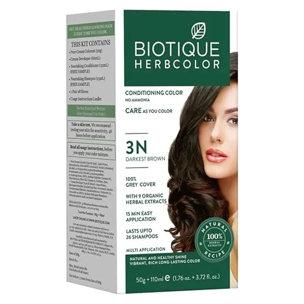 Biotique Herbcolor Conditioning Hair Colour l Ammonia Free Hair Color l 9 Organic Herbal Extracts l Natural and Healthy Shine l 50g + 110ml| Darkest Brown 3N (Pack of 1) — Linkbiz SmartDeal's