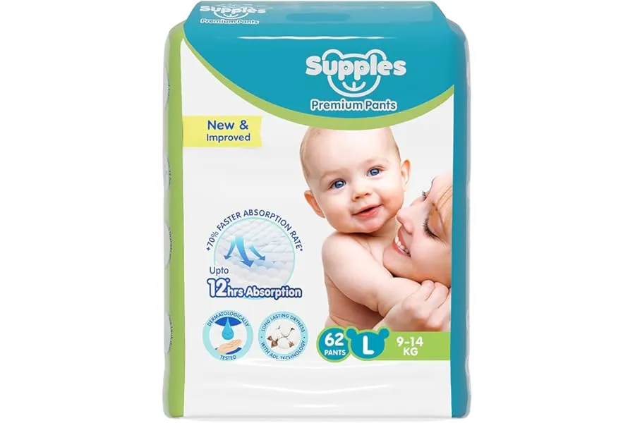 Amazon Brand - Supples Premium Baby Diaper Pants | 62 Baby Diapers | Large | 9-14 Kg | 12 Hrs A — Linkbiz SmartDeal's