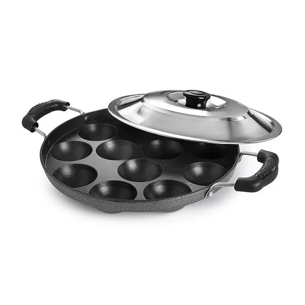 CELLO Aluminium Nonstick 12 Cavity Appam Patra Pan Maker with Steel Lid, Black | 2 Side Riveted Handle, Gas Stove Compatible Die-Cast Mini Uttappa Paniyarakkal Cup Cake Frying Pan — Linkbiz SmartDeal's