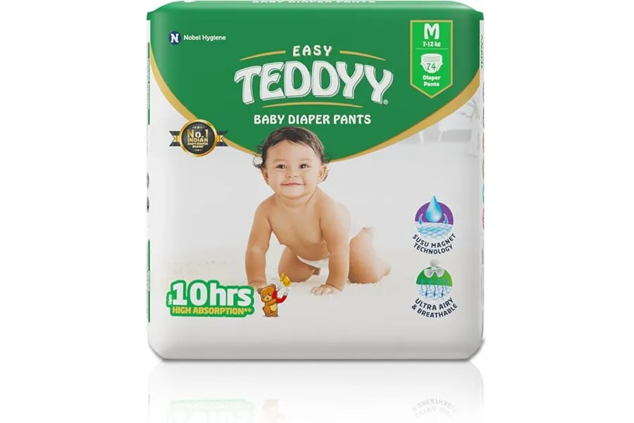 TEDDYY Easy Baby M Size Diaper Pant Style | 74 Count (Medium) | 7–12 kg (Pack of 1) | Long Prot — Linkbiz SmartDeal's