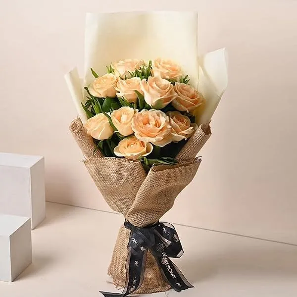FlowerAura Premium Fresh Live Flower Bouquet of 10 Peach Roses In Jute Packing Gift For Birthday | Anniversary | Love | Home Decor | Fathers Day Gift For Dad (Same Day Delivery) — Linkbiz SmartDeal's