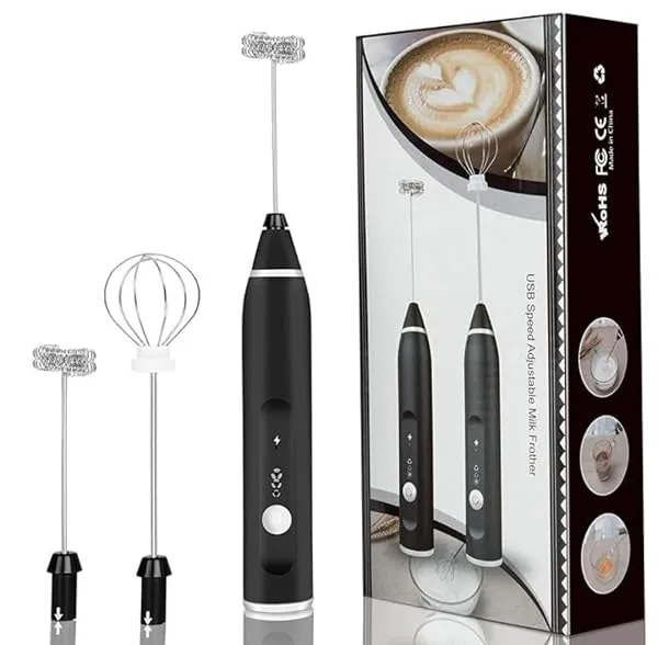 plenzo Electric Milk Frother with 2 Attachments (Double-Layer Frother & Egg Whisk), 3-Speed Adjustable, Rechargeable Handheld Coffee Mixer for Latte, Cappuccino, Drinks & Eggs Stai — Linkbiz SmartDeal's