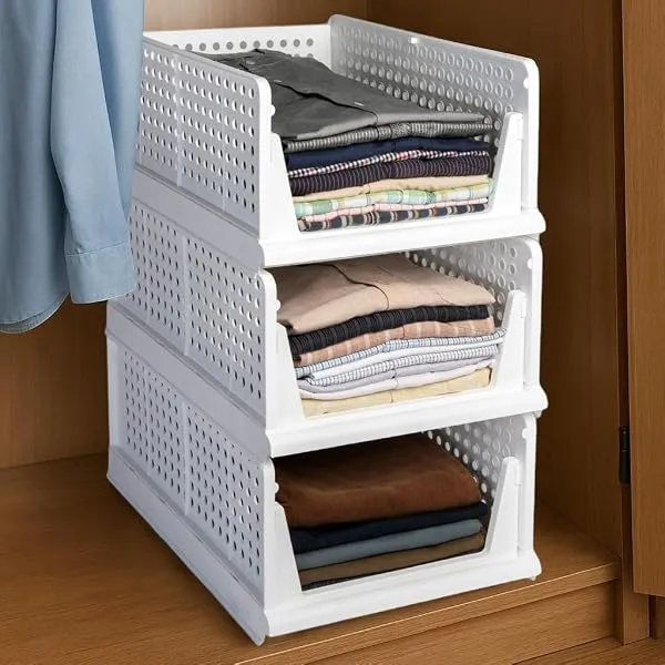 HomeStrap Set of 3, Stack it Up | Large Cloth Stacker | Foldable Shirt Storage Stacker for Wardrobe | Plastic Stackable Closet Organizer | White | 44L x 33W x 19H Centimeters — Linkbiz SmartDeal's