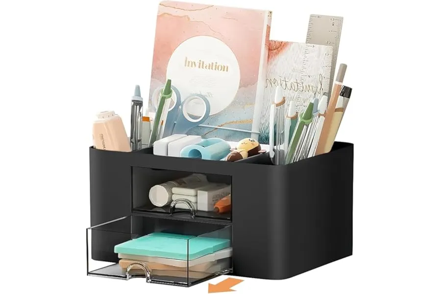 UCRAVO Plastic Versatile Desk Organiser with 5 Compartments, 2 Drawers and Multifunctional Stor — Linkbiz SmartDeal's