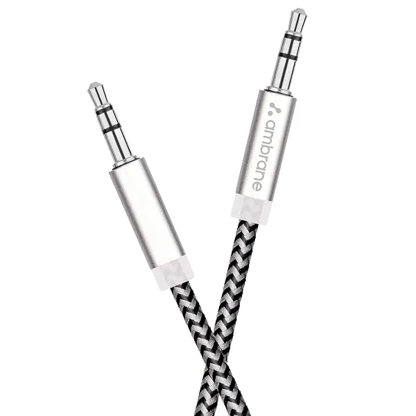 A Ambrane 3.5mm Male to male Stereo AUX Cable Audio Cable, Compatible for Smartphones Tablets, Headphone, Car, Home Stereos, Speakers 1.5 Meter (5 Feet) - (ABCAX-10, Black & Grey) — Linkbiz SmartDeal's