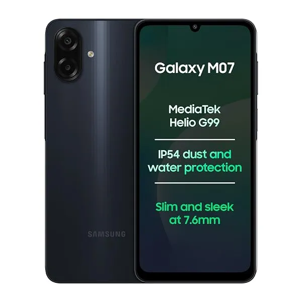 Samsung Galaxy M07 Mobile (Black, 4GB RAM, 64GB Storage) | MediaTek Helio G99 | AnTuTu 624K | IP54| 50MP Camera | 7.6mm Slim | 5000mAh Battery | 25W Fast Charging | 6 Gen OS Upgrad — Linkbiz SmartDeal's
