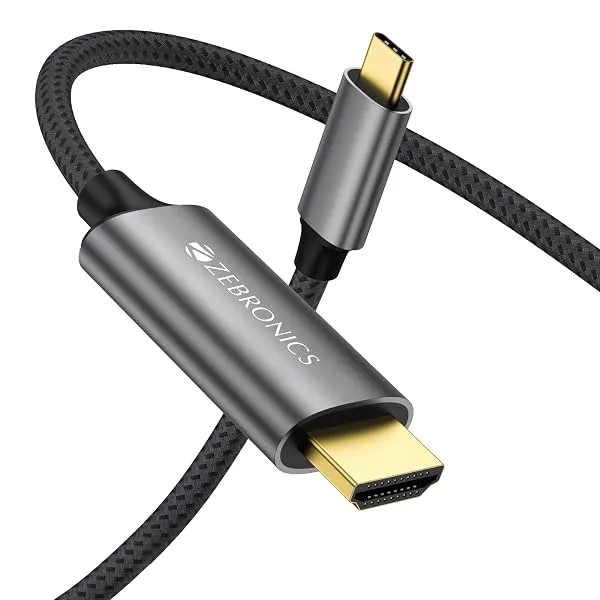 Zebronics Type C to HDMI Cable, 4K @ 60Hz | 1080p @ 240Hz, 18Gbps Data Transfer, 3D Compatible, 1M (3.2ft) Braided Cable, for Laptop, Mobile, iPad Pro, MacBook, Chromebook, TV (CHA — Linkbiz SmartDeal's