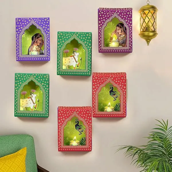 CraftVatika Jharokha Diyas with LED Candle Diwali Decoration Items, Wall Hanging, Home Decor Items Festive Decor Item, DIY Craft Traditional Jharokha Box Set of 6 — Linkbiz SmartDeal's