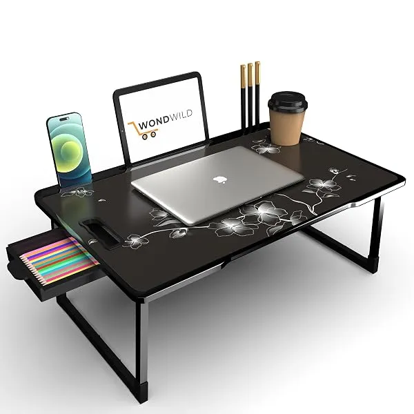 OPTIFINE Study Table/Bed Table/Foldable and Portable Wooden/Writing Desk for Office/Home/School (Black-COTTED-BLACKFLOWER) — Linkbiz SmartDeal's