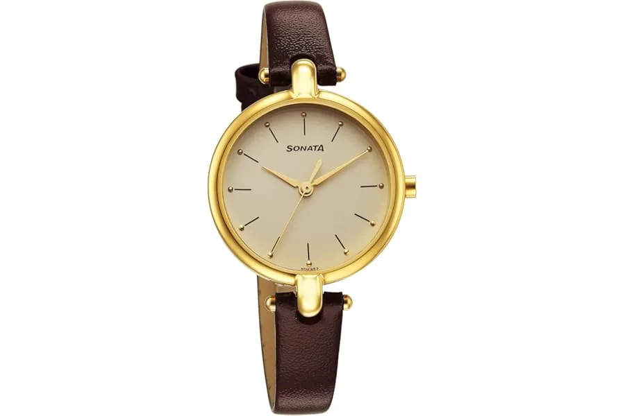 Sonata Gold Edit Quartz Analog Champagne Dial Brown Leather Strap Watch for Women - NR87043YL02 — Linkbiz SmartDeal's