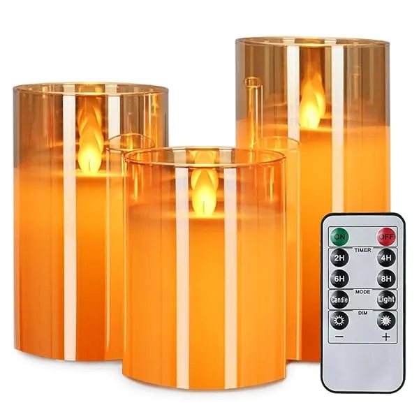 LTETTES Real Wax LED Glass Pillar Flameless Candles | Faux Dancing Wick | Amber Gold Glass | Battery Powered with Multifunctional Remote Controller for Home Decor | Set of 3 (H-4", — Linkbiz SmartDeal's