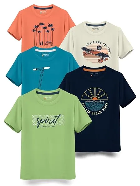 HELLCAT Boys Round Neck Printed Blended Cotton Tshirt -Combo Pack of 2 - Orange/Blue — Linkbiz SmartDeal's