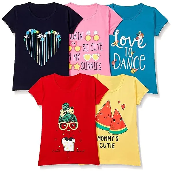 T2F Girls Cotton Printed Regular Fit T-Shirt (Pack of 5) — Linkbiz SmartDeal's