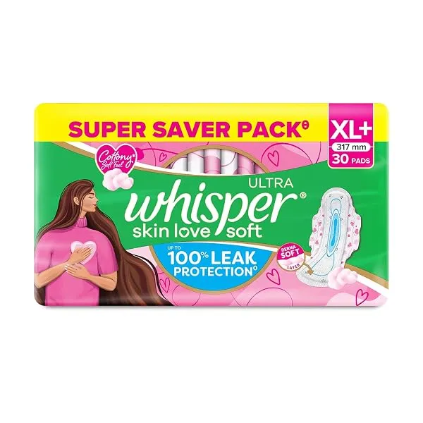 Whisper Ultra Skin Love Soft Sanitary Pads for Women, XL+ 30 Pads, Cottony Soft Feel, Upto 100% Leak* Protection, Disposable Wrapper, Locks Odour & Wetness (Product Does Not Contai — Linkbiz SmartDeal's