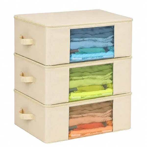 SOLSTICE Cotton Canvas Clothes Storage Bags/Saree Covers with Zip for Storage Specially Design for Woman Dresses, Sarees, Lehengas for Wardrobe Organizer (17 x 14 x 7 Inch) (3) — Linkbiz SmartDeal's