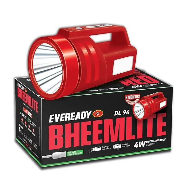 Eveready Bheemlite DL94 Rechargeable LED Torch & Sidelight, USB-C, 4 Modes | 4W Torch + 4W Sidelight, Shoulder Strap Included, Li-ion Battery, Overcharge Protection — Linkbiz SmartDeal's